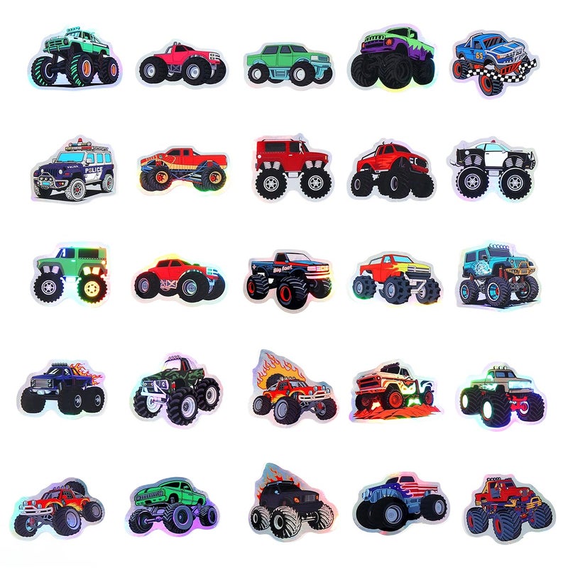 Cleverplay 50 Pack Holographic Monster Truck Stickers, Monster Truck Party Favors, Birthday Decorations - Image 3