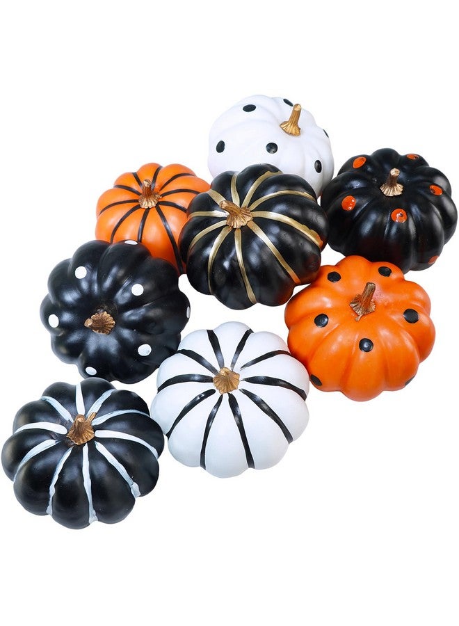 Winlyn Set of 8 Halloween Orange Black White Foam Pumpkins Small Decorative Pumpkins Stripe and Dot Artificial Pumpkins Decor 3.5 inch for Halloween Party Fall Thanksgiving Dinner Table Centerpieces - Image 1