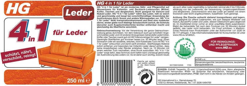 HG 4 in 1 for Leather - Protects, Cares, Beautifies and Cleans. Leather Cleaner & Care for Genuine Leather and Faux Leather, e.g. Seats, Car Seats, Leather Clothing, Bags etc. - 250 ml Daily life matching design - Image 5