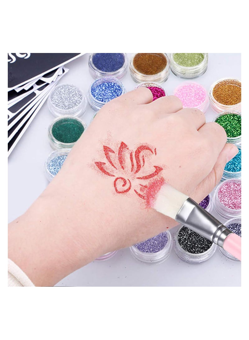 Excefore Temporary Glitter Tattoo Kit 24 Colors Body Glitter with 5 Brushes 2 Glue and Stencils, Temporary Shimmer Tattoo for Body Face Nail Kids Stage Concert Party Wedding Makeup, Art Craft Card Make Tool - Image 2