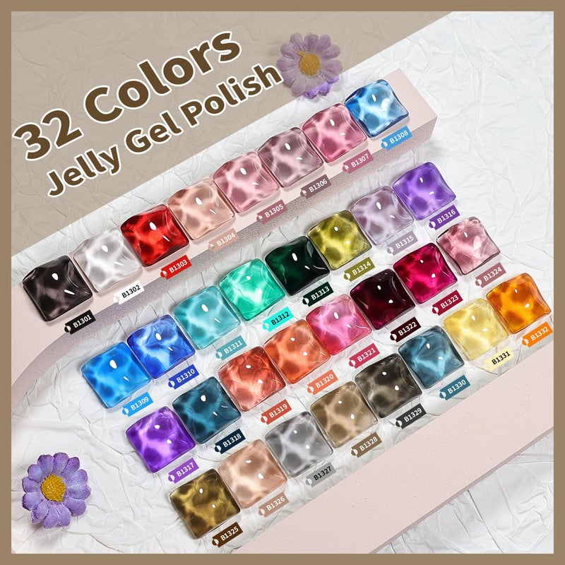 JODSONE Jelly Gel Nail Polish Kit 32 Classic Colors Crystal Transparent High Shine Base & Top Matte Glitter Coat - Image 2