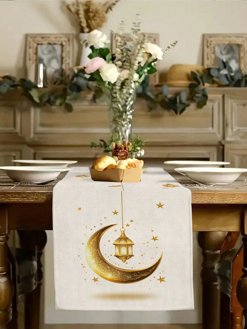 زينه رمضان مفرش طاولة بتصميم فانوس وهلال رمضان لون أبيض مع زخارف ذهبية مقاس 183×33 سم – زينه رمضان للمنازل و الحفلات - Image 4