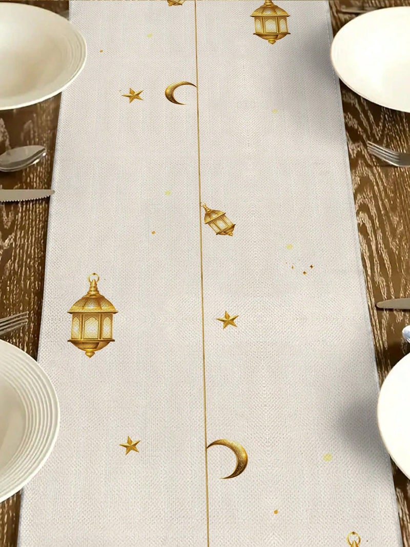 زينه رمضان مفرش طاولة بتصميم فانوس وهلال رمضان لون أبيض مع زخارف ذهبية مقاس 183×33 سم – زينه رمضان للمنازل و الحفلات - Image 3