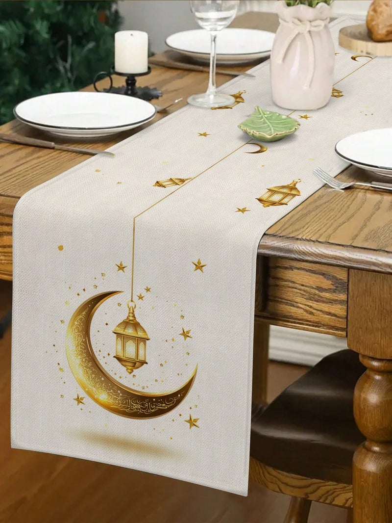 زينه رمضان مفرش طاولة بتصميم فانوس وهلال رمضان لون أبيض مع زخارف ذهبية مقاس 183×33 سم – زينه رمضان للمنازل و الحفلات - Image 5