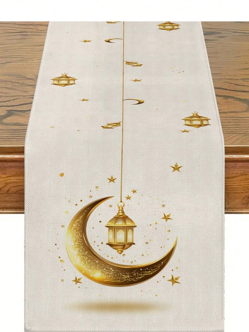 زينه رمضان مفرش طاولة بتصميم فانوس وهلال رمضان لون أبيض مع زخارف ذهبية مقاس 183×33 سم – زينه رمضان للمنازل و الحفلات - Image 2