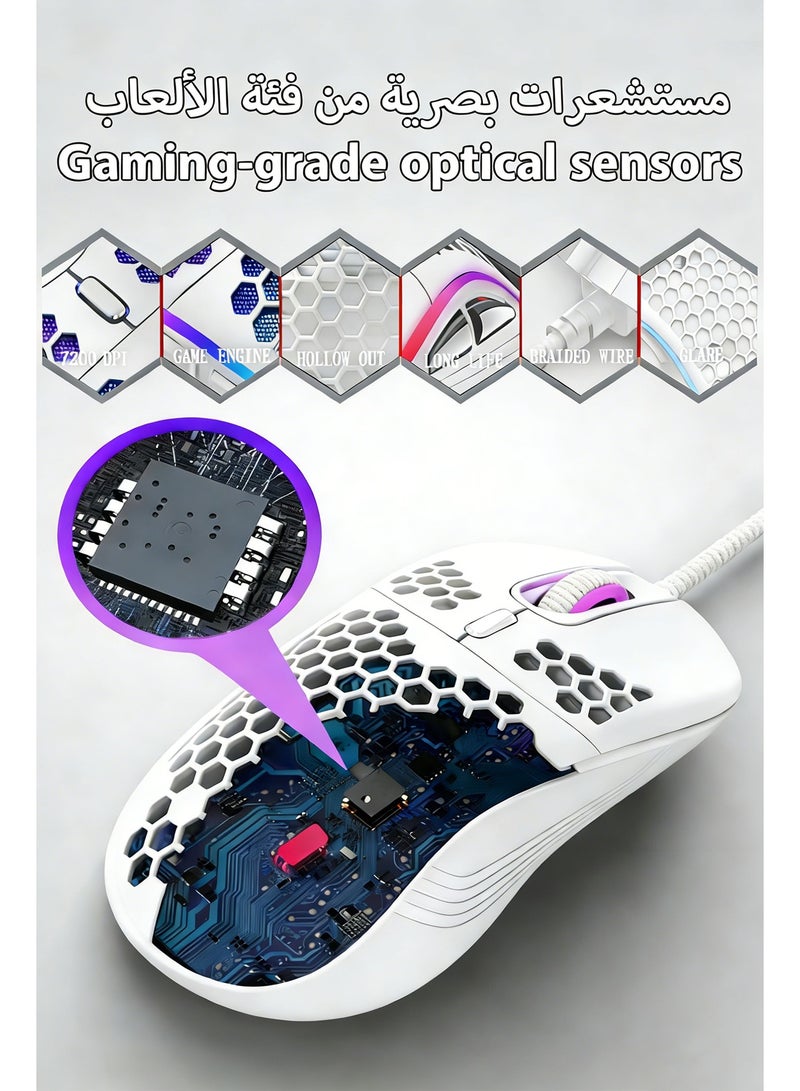 JOYFOCUS Colorful Lights Gaming Mouse, USB interface,Honeycomb Shell, Smooth, Lightweight, Streamlined Texture,120cm Line,White - Image 4