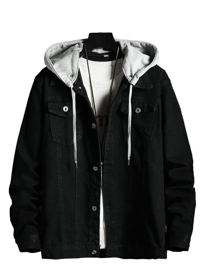 DSDZ Mens Classic Denim Jacket With Hoodies Slim Fit Jean Jacket Coat, Black, M - Image 1