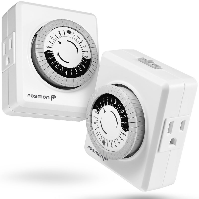 Fosmon Outlet Timers for Electrical Outlets, 24-Hour Dual Plug in Light Timers Programmable Indoor, Heavy Duty Electric Wall Plugs for Reptile, Grow Light, Grounded, 3 Prong/15A/1875W-2 Pack - Image 1