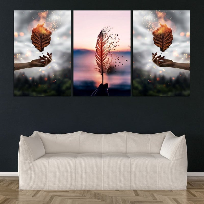 Marktna Three modern canvas prints with a leaf design and a hollow frame, measuring (90×40), three pieces - Image 1