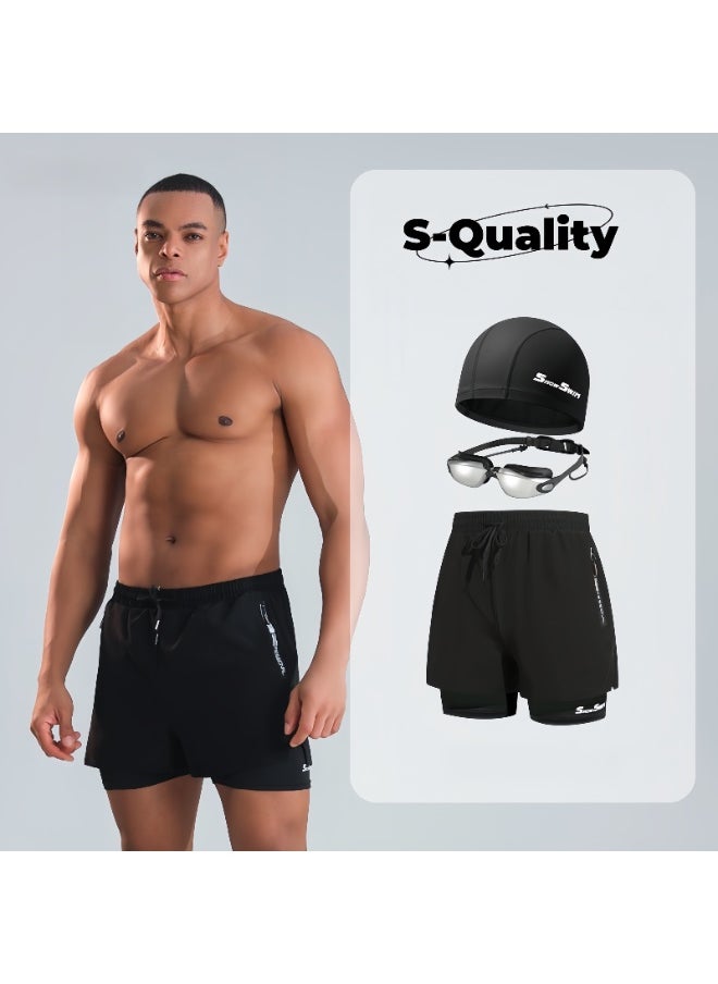 S-Quality Men’s Swimming Set of 3 – Double-Layer Quick-Dry Swim Shorts + PU Cap + Electroplated Anti-Fog Goggles  - Image 1