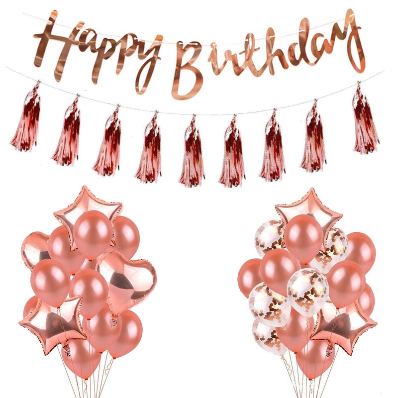 Party Propz Rose Gold Happy Birthday Decorations Items Combo - 29Pcs Set Rubber Ballons For Party Supplies, Birthday Decoration Items For Girls Or Wife - Image 1
