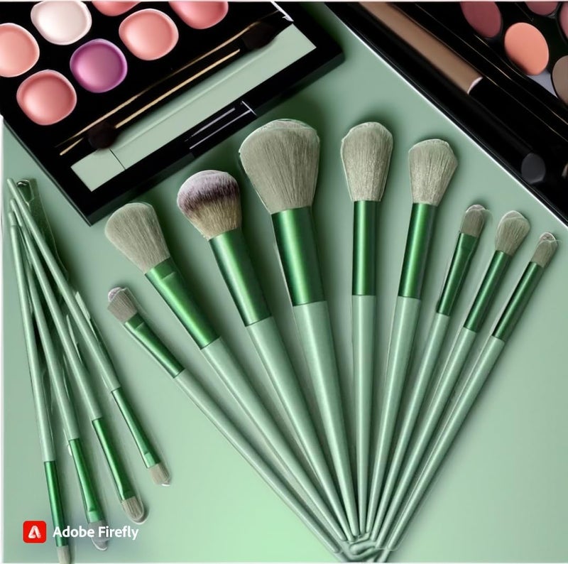 Makeup Brushes 13 Pieces Fiber Bristles Super Soft Everyday Makeup Portable, Storage Bag Included Emerald Touch Brushing Beauty to New Heights - Image 2