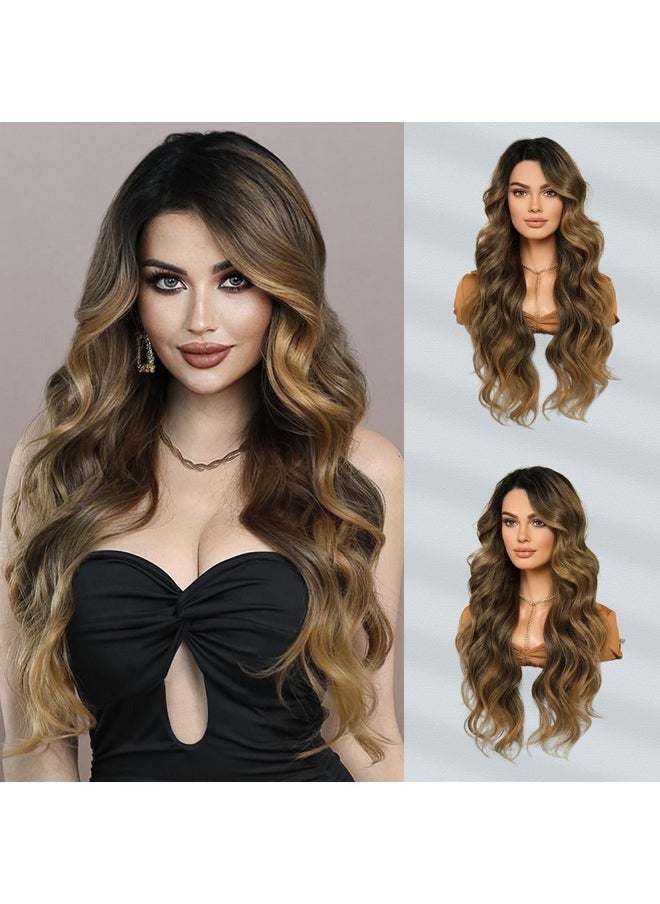 7 جي اتش اتش ويغز - باروكة شعر مموجة بجزء أمامي من الدانتيل مقاس 13 × 4 بوصات، باروكة شعر بني متدرج اللون مع جزء جانبي من الدانتيل للنساء، كثافة 160، شعر صناعي شفاف بدون غراء، باروكة شعر طويلة مجعدة - Image 1