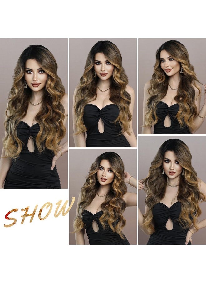 7 جي اتش اتش ويغز - باروكة شعر مموجة بجزء أمامي من الدانتيل مقاس 13 × 4 بوصات، باروكة شعر بني متدرج اللون مع جزء جانبي من الدانتيل للنساء، كثافة 160، شعر صناعي شفاف بدون غراء، باروكة شعر طويلة مجعدة - Image 1