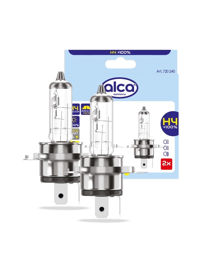 الكا لمبة السيارة Alca® H4 12V 60/55W Halogen Headlight Bulb هي لمبة هالوجين قوية مخصصة للإضاءة العالية والمنخفضة (High/Low Beam)، وتوفر سطوعًا أعلى حتى 100% أكثر مقارنة بالمبات الهالوجين التقليدية، مع تركيز أفضل للإضاءة وتقليل الإبهار للسائقين الآخرين. - Image 2