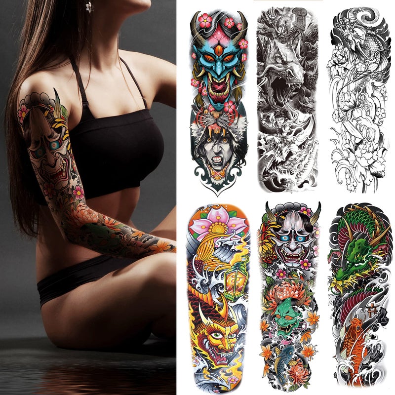 Fake Dragon Sleeve Tattoo Stickers 6Sheet Full Arm Dragon Temporary Tattoos Sleeves for Adult Kids Women Makeup