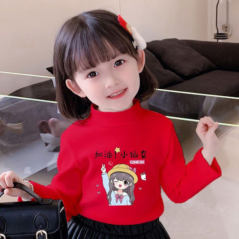 Children'S Base Shirt Half-High Collar Girl'S White Baby'S Long-Sleeved T-Shirt De-Velvet Base T-Shirt - Image 1