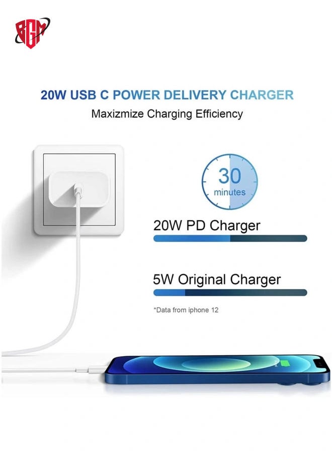 BGM - iPhone 14 Fast Charger [Apple MFi Certified ] Apple Fast Charging Block 20W PD USB-C Wall Charger 6FT USB C to Lightning Cables Compatible with iPhone 14/13/ Plus/12/Pro/11/Pro Max,iPad (White) - Image 1