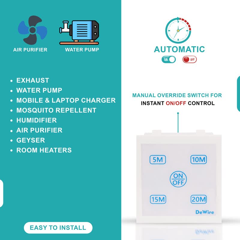 DeWire Auto Cut Off Timer Switch for Water Motor Pump, Water Heater, Exhaust Fans,Mosquito Repellent,Chargers,Room Heaters and Lighting Loads up to 10 AMPS (Modular Fitting)(5, 10, 15, 20 Mins) - Image 5