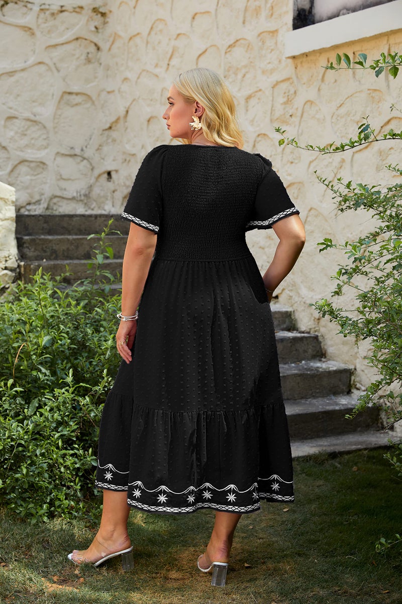 Glamaker Women's Plus Size Summer Casual Short Sleeve Smocked Square Neck A Line Flowy Midi Dress Long Dress Black 3XL - Image 5
