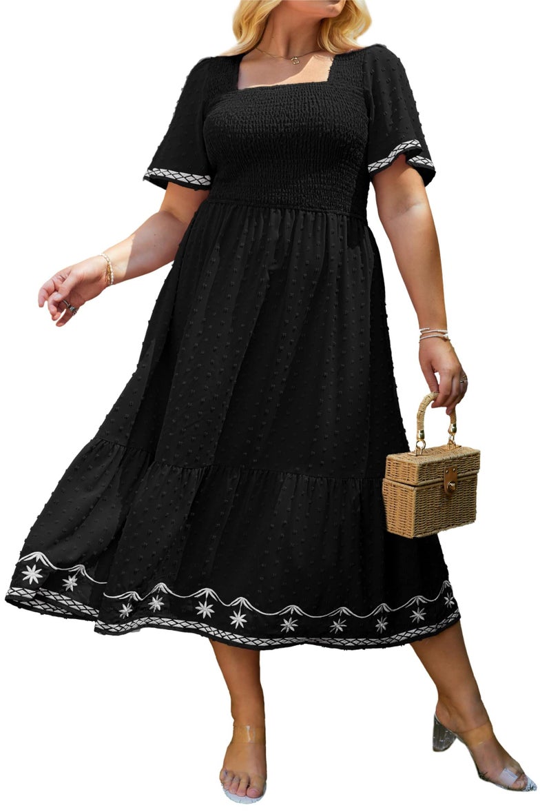 Glamaker Women's Plus Size Summer Casual Short Sleeve Smocked Square Neck A Line Flowy Midi Dress Long Dress Black 3XL - Image 1