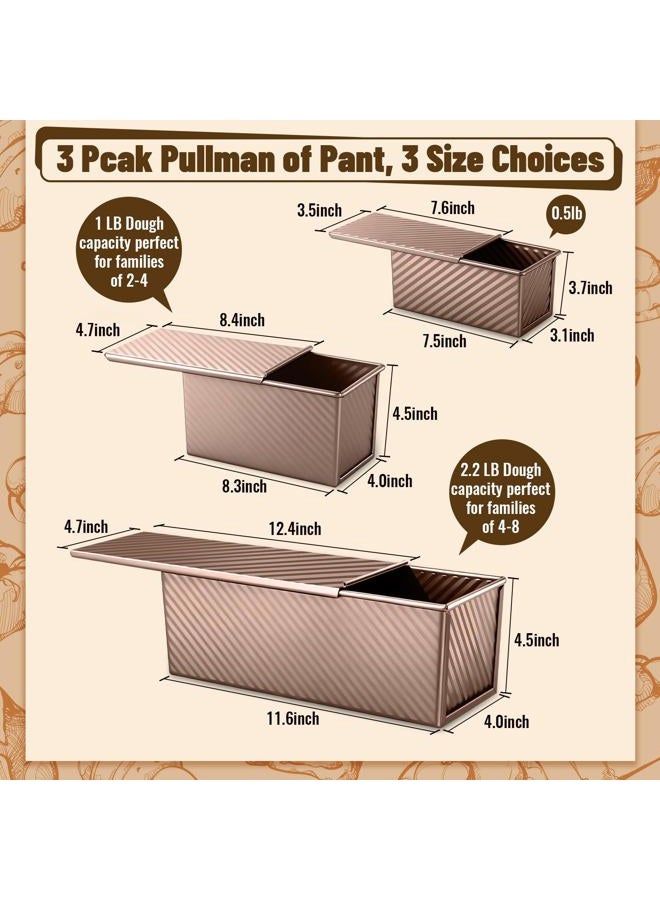 Baishun 3 Pack Pullman Loaf Pans with Lids, 2.2LB 1LB 0.5LB Bread Pans, Non-stick Carbon Steel Bread Pans for Homemade Sandwich and Baking Sourdough Bread, Corrugated Toast Mold, Golden - Image 2