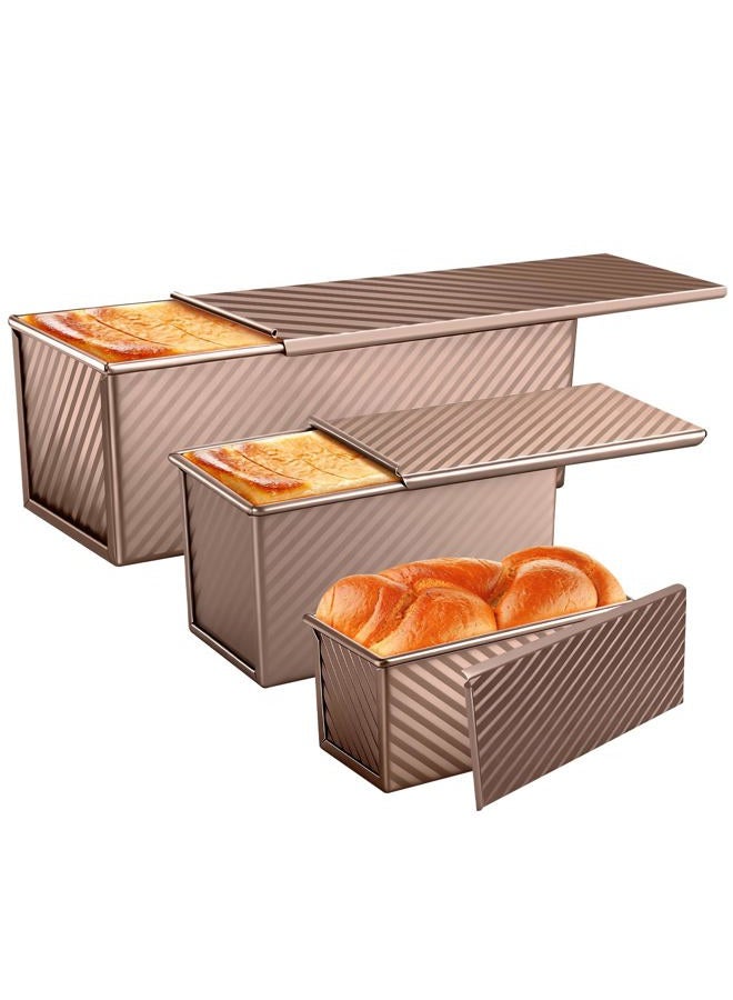 Baishun 3 Pack Pullman Loaf Pans with Lids, 2.2LB 1LB 0.5LB Bread Pans, Non-stick Carbon Steel Bread Pans for Homemade Sandwich and Baking Sourdough Bread, Corrugated Toast Mold, Golden - Image 1