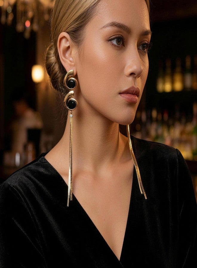 Bmpzery Black and Gold Earrings for Women,Geometric Statement Dangle Earrings with Gold Long Snake Chain Tassel Pendant Earring, Lightweight Drop Earring for Women Wedding Party Jewelry Gift - Image 4