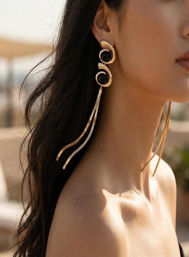 Bmpzery Black and Gold Earrings for Women,Geometric Statement Dangle Earrings with Gold Long Snake Chain Tassel Pendant Earring, Lightweight Drop Earring for Women Wedding Party Jewelry Gift - Image 3