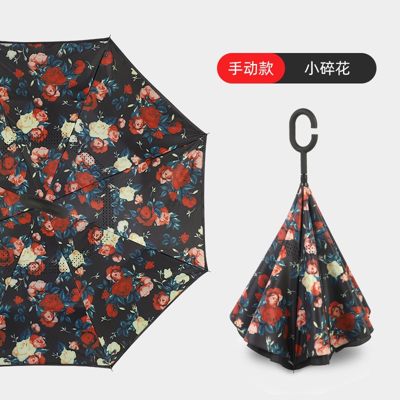 Hands-Free C-Handle Standable Reverse Umbrella Small floral hand opening style 