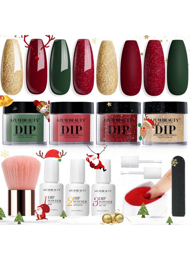 AZUREBEAUTY AZUREBEAUTY Christmas Dip Powder Nail Kit, 4 Colors Red Green Gold Glitter Dipping Powder System Liquid Set Recycling Tray, French Nail Art Base & Top Coat Activator DIY Salon.  - Image 1