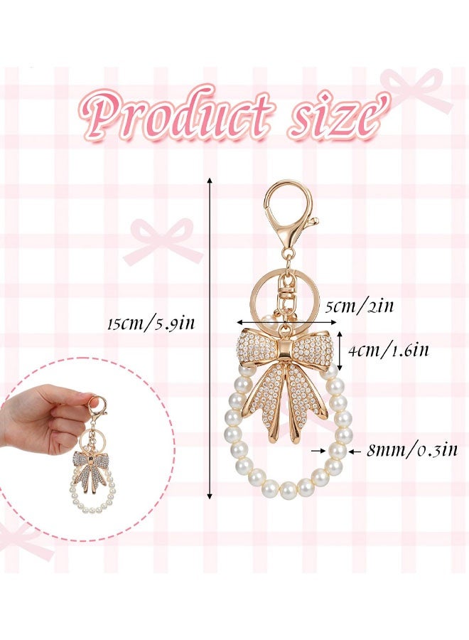 White Rhinestone Bowknot Keychain, Imitation Pearl Chains Sparkly Bow Purse Charm Bag Charms For Handbags Purse Backpacks Handbag Charms - Image 2