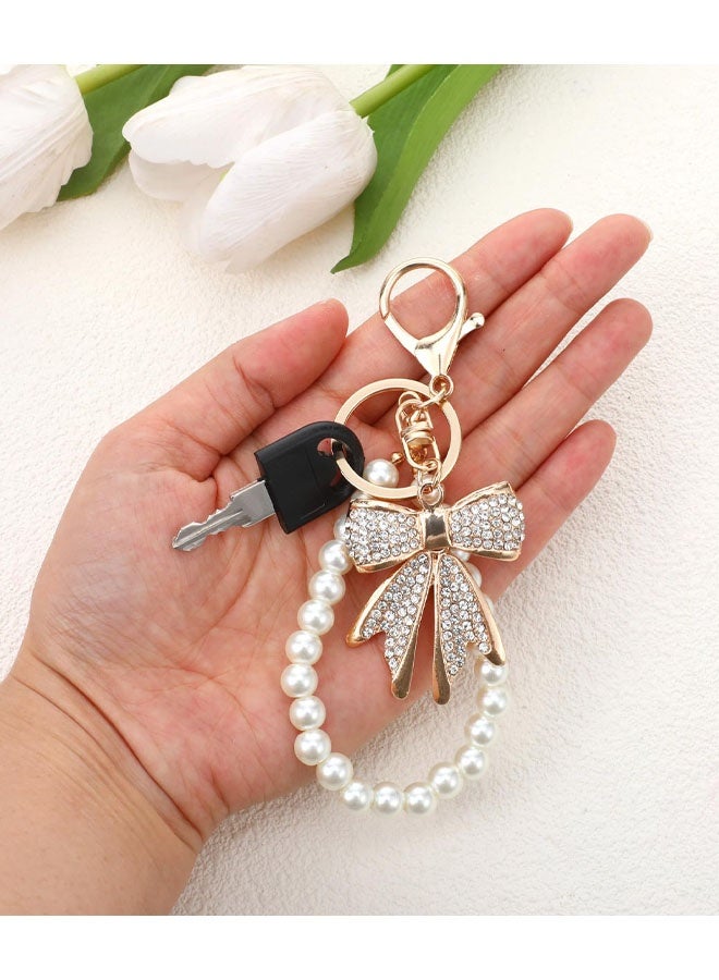 White Rhinestone Bowknot Keychain, Imitation Pearl Chains Sparkly Bow Purse Charm Bag Charms For Handbags Purse Backpacks Handbag Charms - Image 5