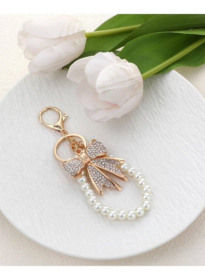 White Rhinestone Bowknot Keychain, Imitation Pearl Chains Sparkly Bow Purse Charm Bag Charms For Handbags Purse Backpacks Handbag Charms - Image 4