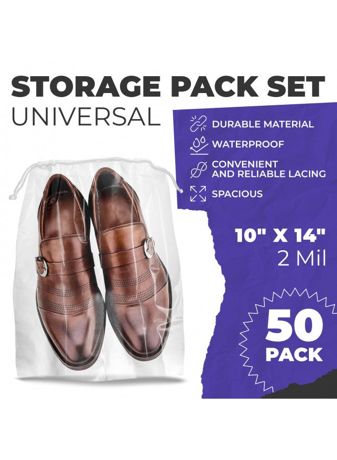 APQ Supply Clear Drawstring Travel Bags for Shoes, 10 x 14 Inches. Pack of 50 Waterproof Dust Bags for Shoes with Double Cotton Drawstrings. 2 mil PE Plastic Drawstring Bags for Packing, Storage - Image 1