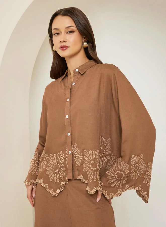Styli Women Brown Cropped Shirt with Crochet Detail