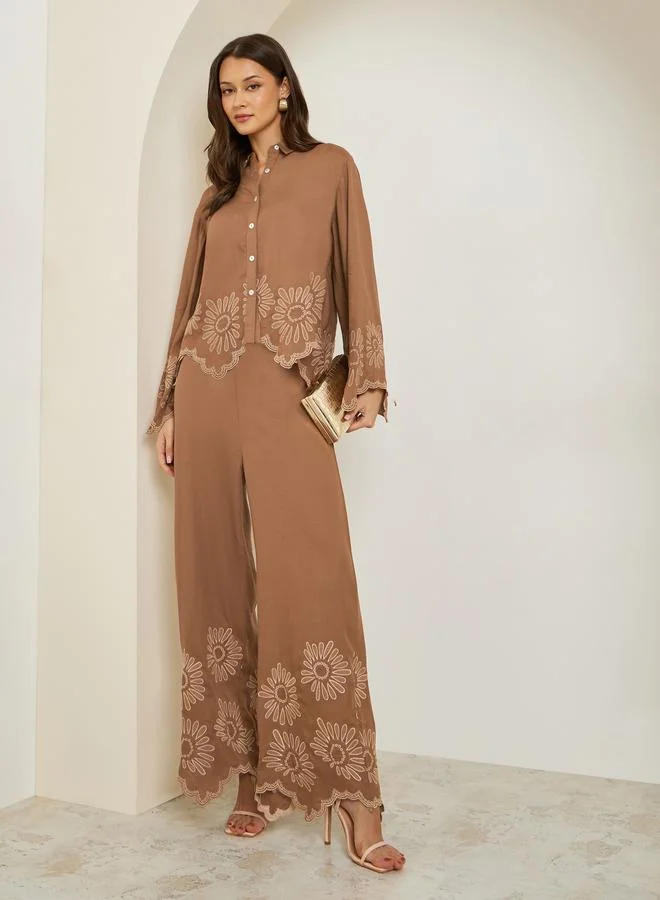 Styli Women Brown Cropped Shirt with Crochet Detail