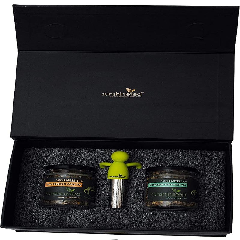 Sunshine Tea TEA GIFT BOX OF 2 - 40GM. JAR'S WITH TEA INFUSER ( Flavours in this Box : Tulsi Cough & Cold Tea and Ayurvedic Digestion Tea ) ( Infuser : - Food Grade, Green Color, Silicon Top & Food Grade Stainless Steel Bottom ) - Image 2