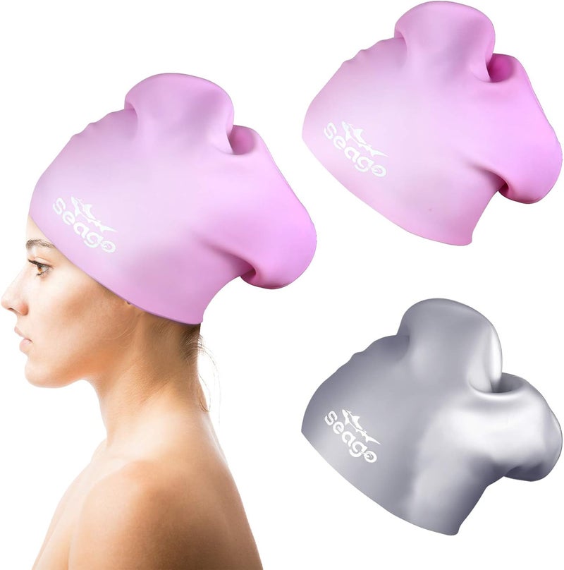 Seago Swim Cap Long Hair 2 Pack Swimming Caps for Women Silicone Swim Caps Keep Hair Dry Waterproof Comfortable Flexible Durable Bathing Cap Tear-Proof Design Large Women Adult Swimming Cap 10+ Years Girls - Image 1