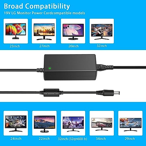 TKDY DC 19V Compatible for LG Monitor Power Cord UL Certificates, Replacement for 19Volt LG TV Power Supply 34" 32" 29" 27" 24" 23" 22" 20" 19" LED LCD Widescreen Ultrawide HDTV HD TV AC Power Adapter. - Image 2