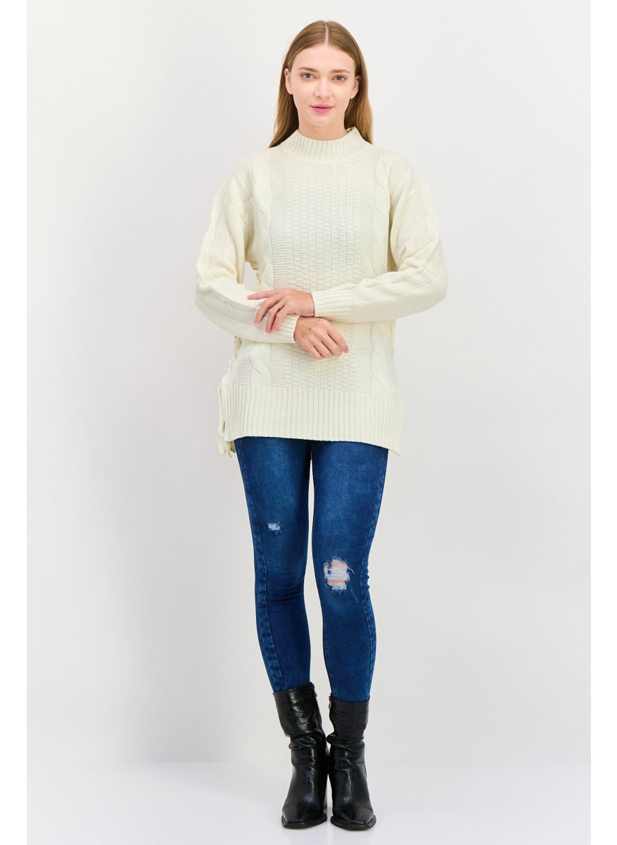 Black Tape - Women Crew Neck Knitted Sweater, Cream - Image 1