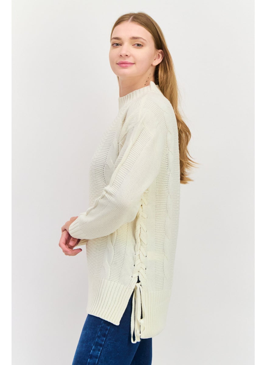 Black Tape - Women Crew Neck Knitted Sweater, Cream - Image 1