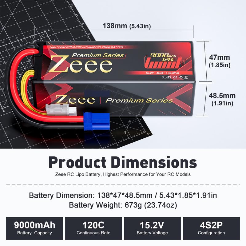 Zeee Zeee Premium Series 4S Lipo Battery 9000mAh 15.2V HV Lipo 120C Hard Case High Voltage Battery with EC5 Connector for RC Car RC Truck Tank Racing Models (2 Pack)  - Image 2