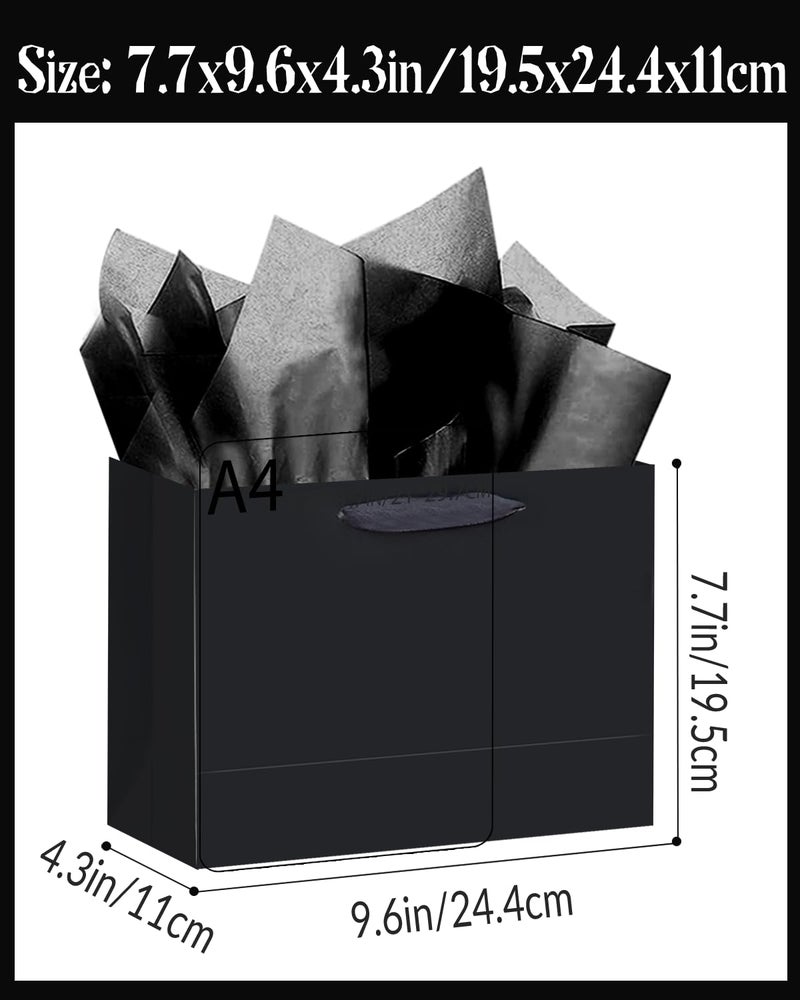 qiqee 5PCS Black Gift Bags with Ribbon Handles 9.6"x7.9"x4.3" Medium Size Gift Bags (10PCS Tissue Paper included, Medium Wide) - Image 3