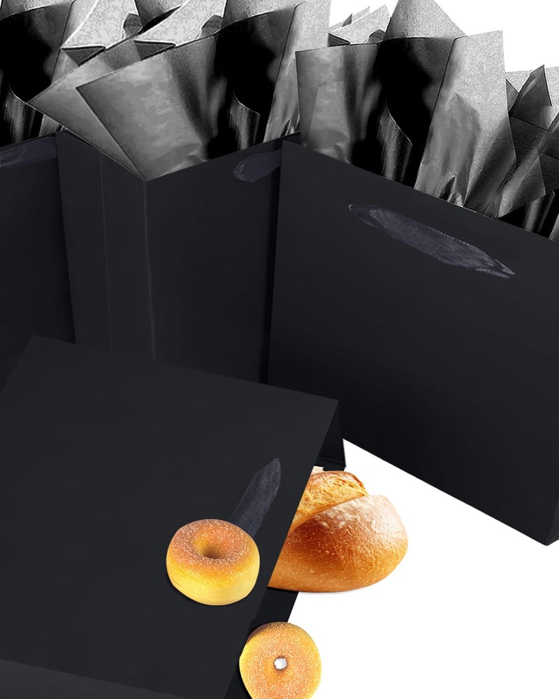 qiqee 5PCS Black Gift Bags with Ribbon Handles 9.6"x7.9"x4.3" Medium Size Gift Bags (10PCS Tissue Paper included, Medium Wide) - Image 2