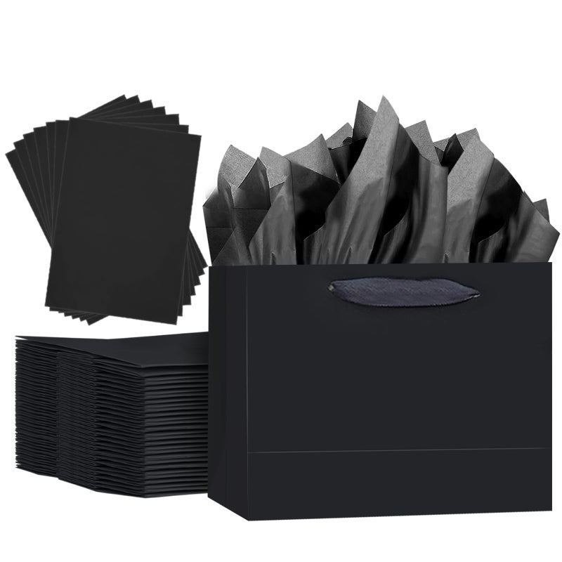 qiqee 5PCS Black Gift Bags with Ribbon Handles 9.6"x7.9"x4.3" Medium Size Gift Bags (10PCS Tissue Paper included, Medium Wide) - Image 1
