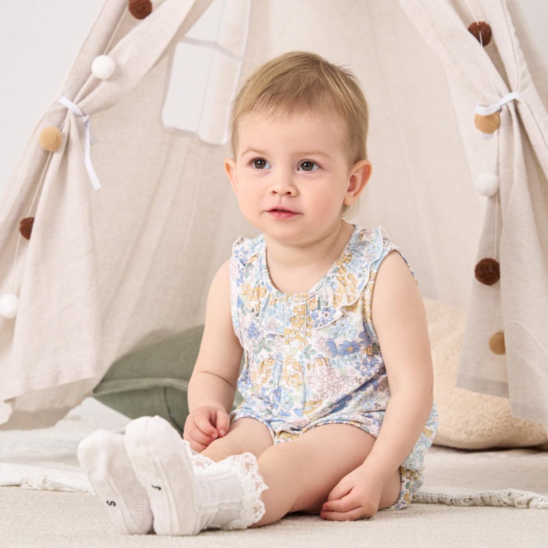 pureborn Baby Girls Bodysuit Ruffle Collar Bubble Romper Sleeveless Viscose From Bamboo One-Piece Outfit Blue Floral 3-6 Months - Image 2