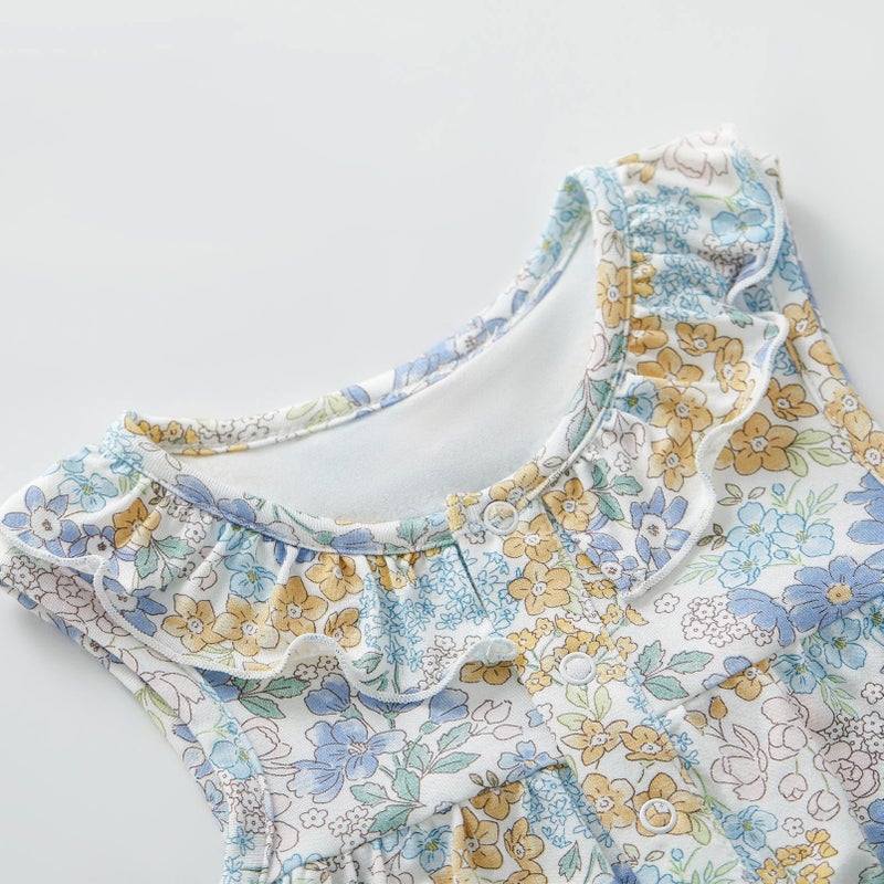 pureborn Baby Girls Bodysuit Ruffle Collar Bubble Romper Sleeveless Viscose From Bamboo One-Piece Outfit Blue Floral 3-6 Months - Image 4