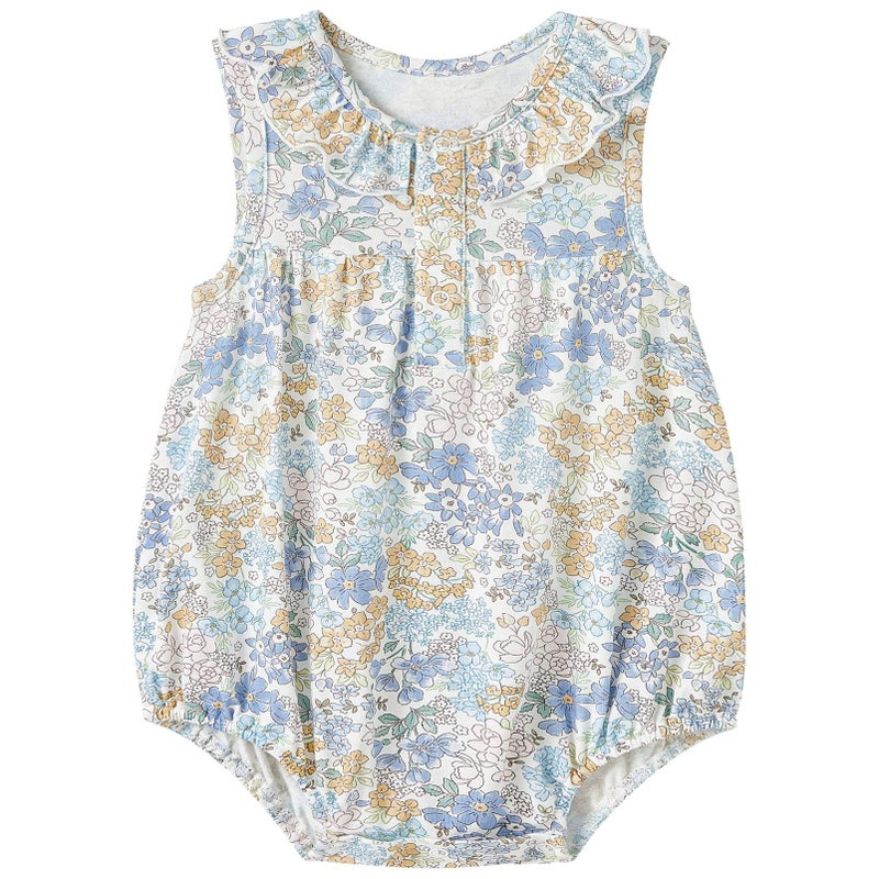 pureborn Baby Girls Bodysuit Ruffle Collar Bubble Romper Sleeveless Viscose From Bamboo One-Piece Outfit Blue Floral 3-6 Months - Image 1