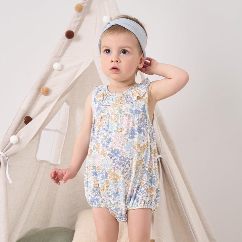 pureborn Baby Girls Bodysuit Ruffle Collar Bubble Romper Sleeveless Viscose From Bamboo One-Piece Outfit Blue Floral 3-6 Months - Image 3